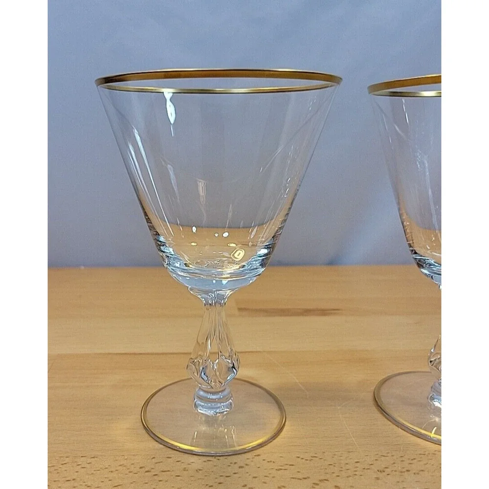 3 Vintage Fostoria Ambassador Water Glass Goblet Gold Trim Stem 6065 6”